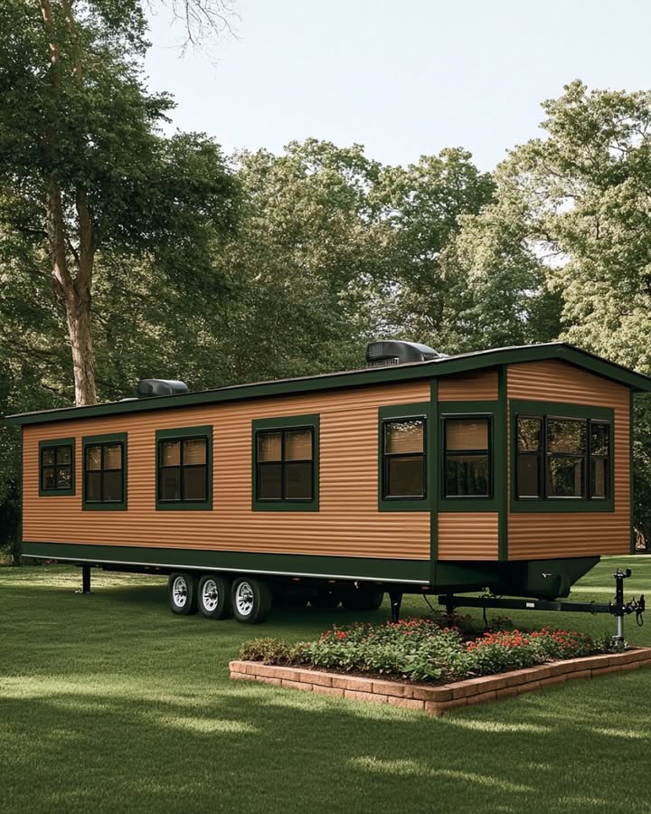 The exterior of the single-wide trailer may appear plain, but the inside is truly remarkable