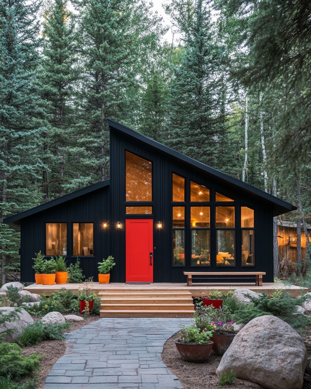 At first glance, this cabin blends into the forest, but the interior is a delightful surprise